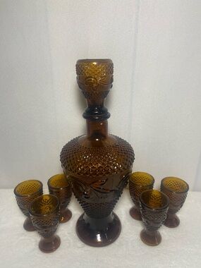 Amber Pressed Glass Decanter & 6 Cordial glasses